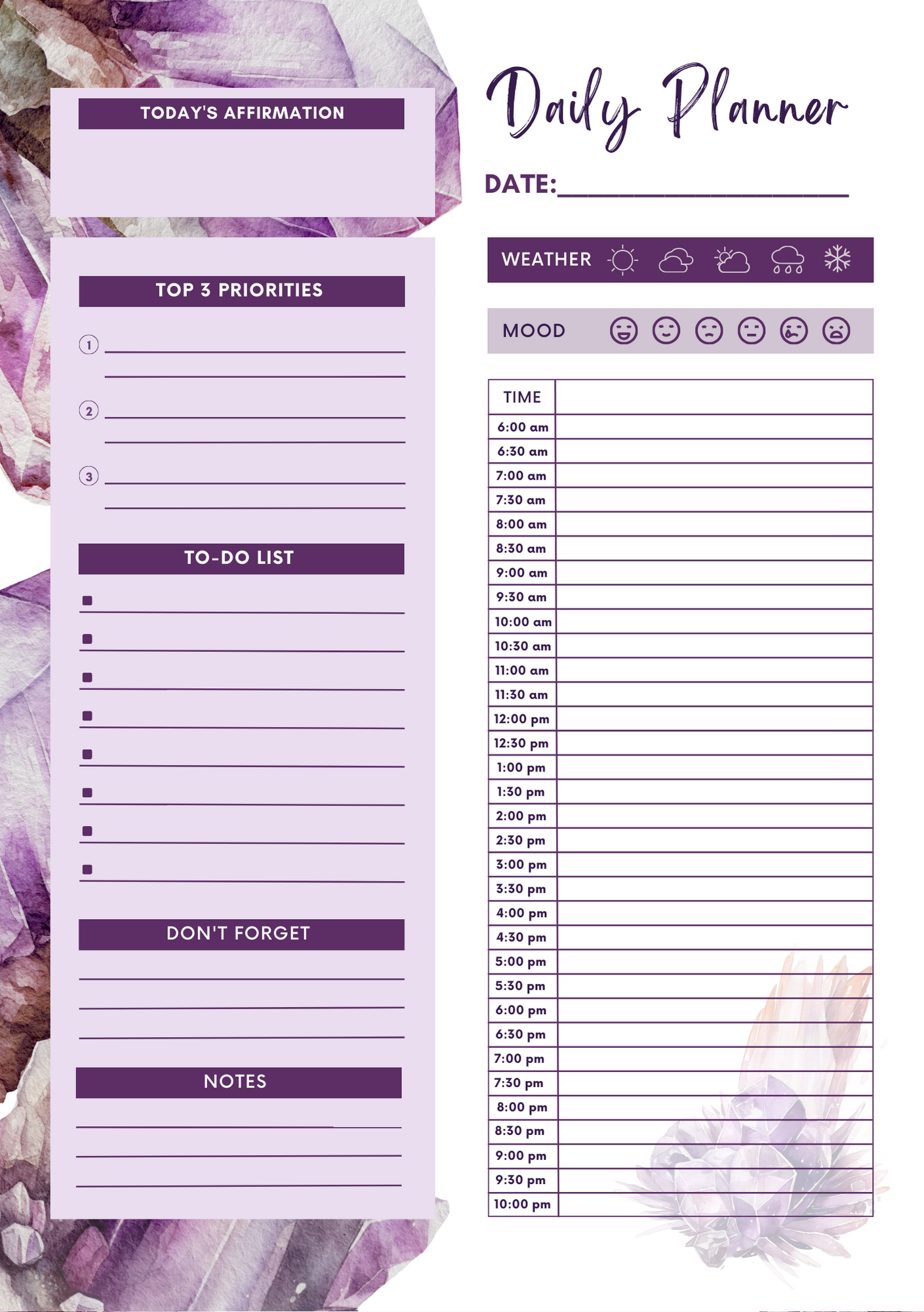 A5 Crystal Amethyst Daily Planner - 90 Pages . Eco Friendly