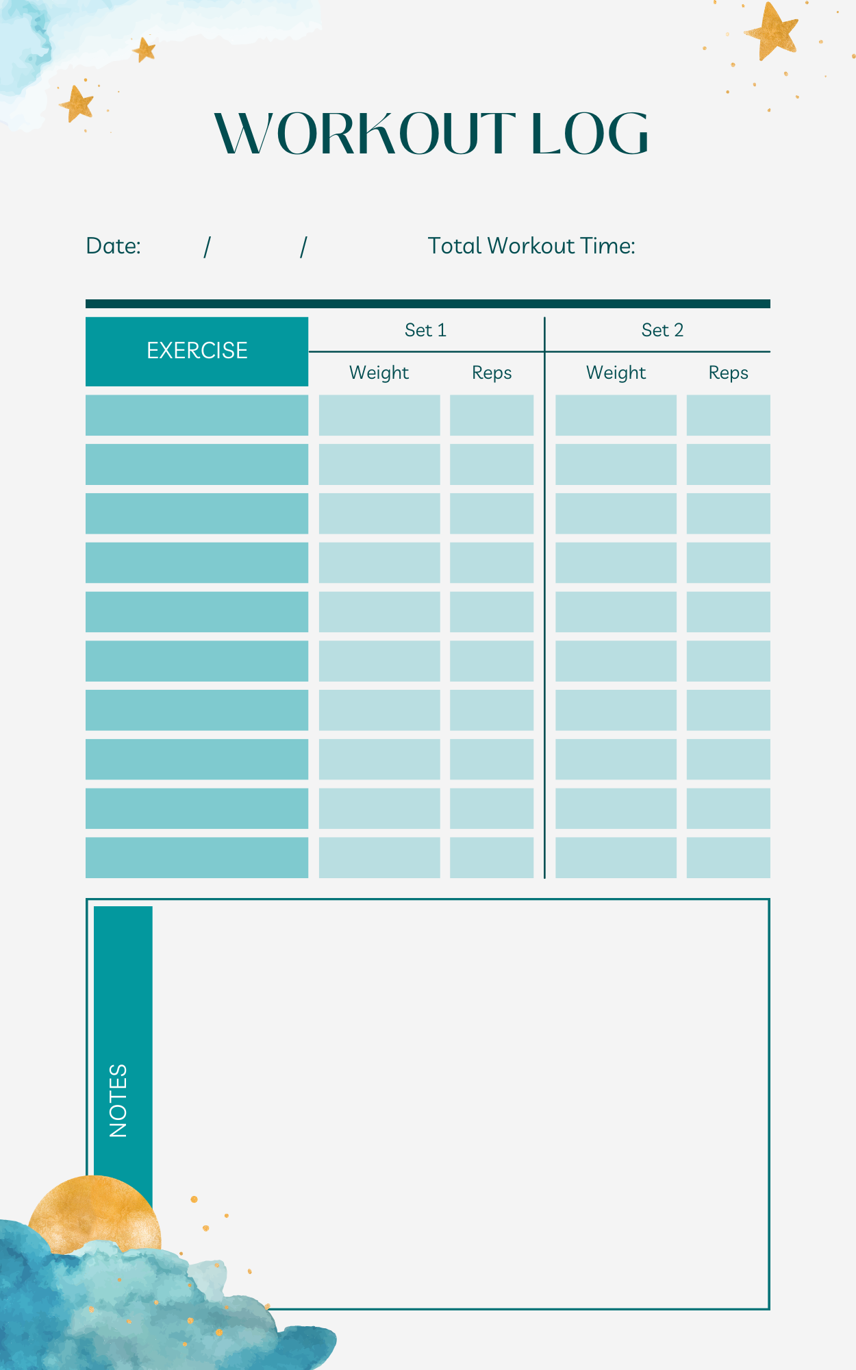 8x5 Fitness Planner tracker 4 categories for workouts, meal plans, exercises, blue 50 pages. Eco Friendly