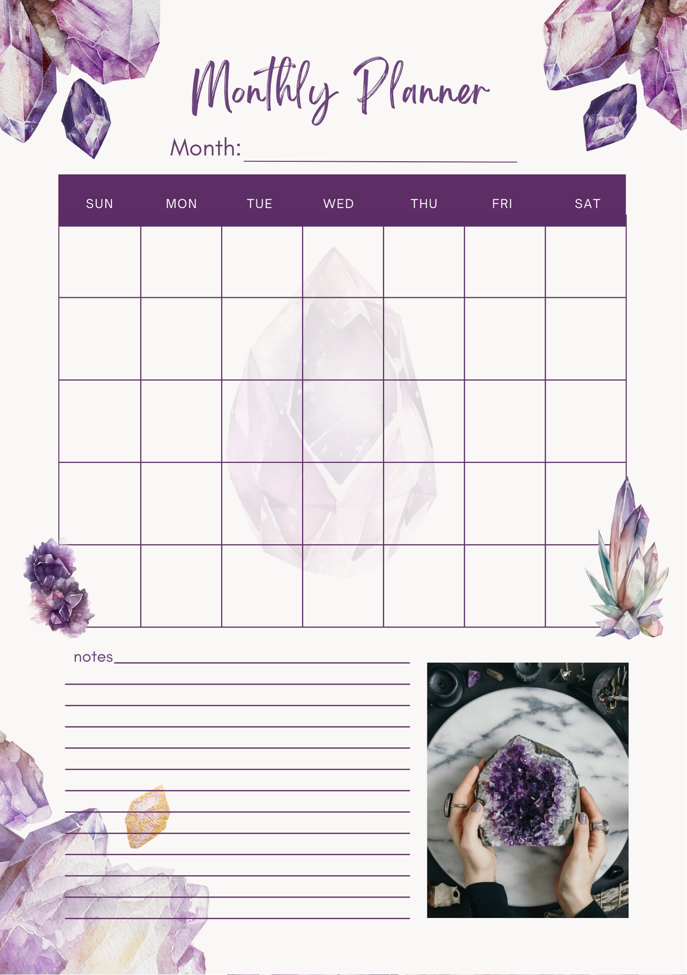 A5 Crystal Amethyst Monthly Planner 24 pages