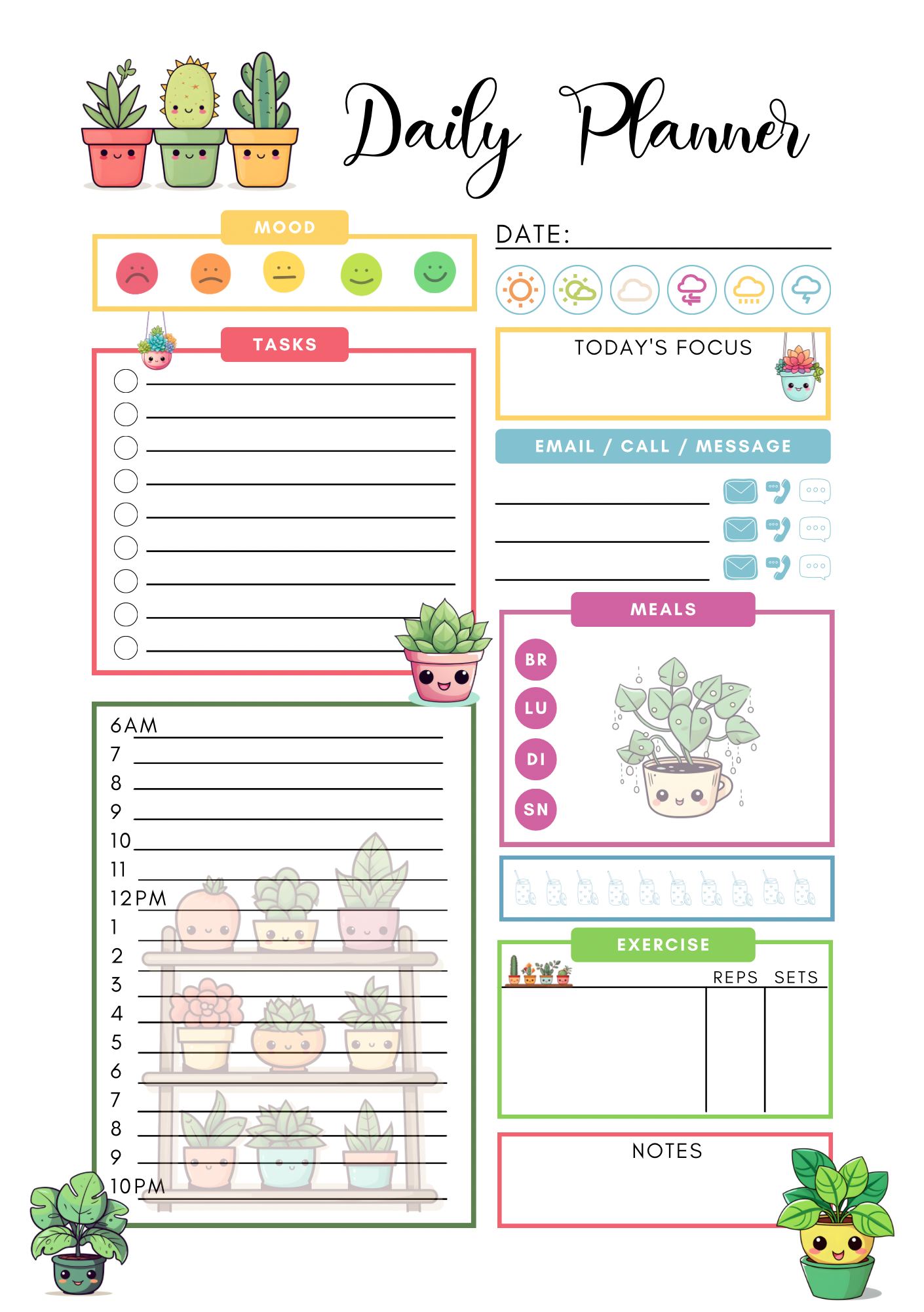 A5 Clipart Plant Daily Planner pages with spiral. Eco friendly paper 90 pages