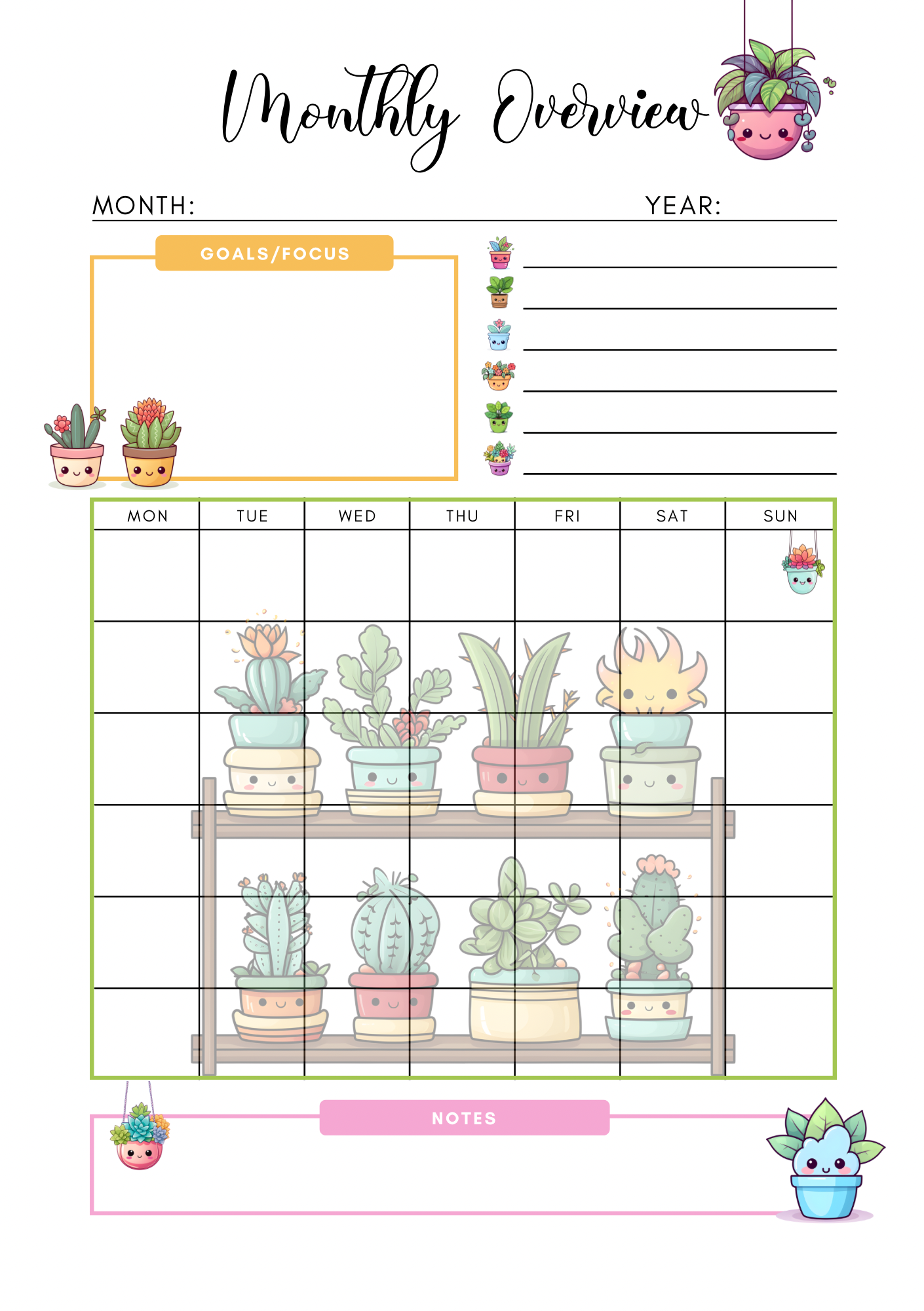 A5 Clipart Plant Monthly Planner , 24 pages. Eco Friendly