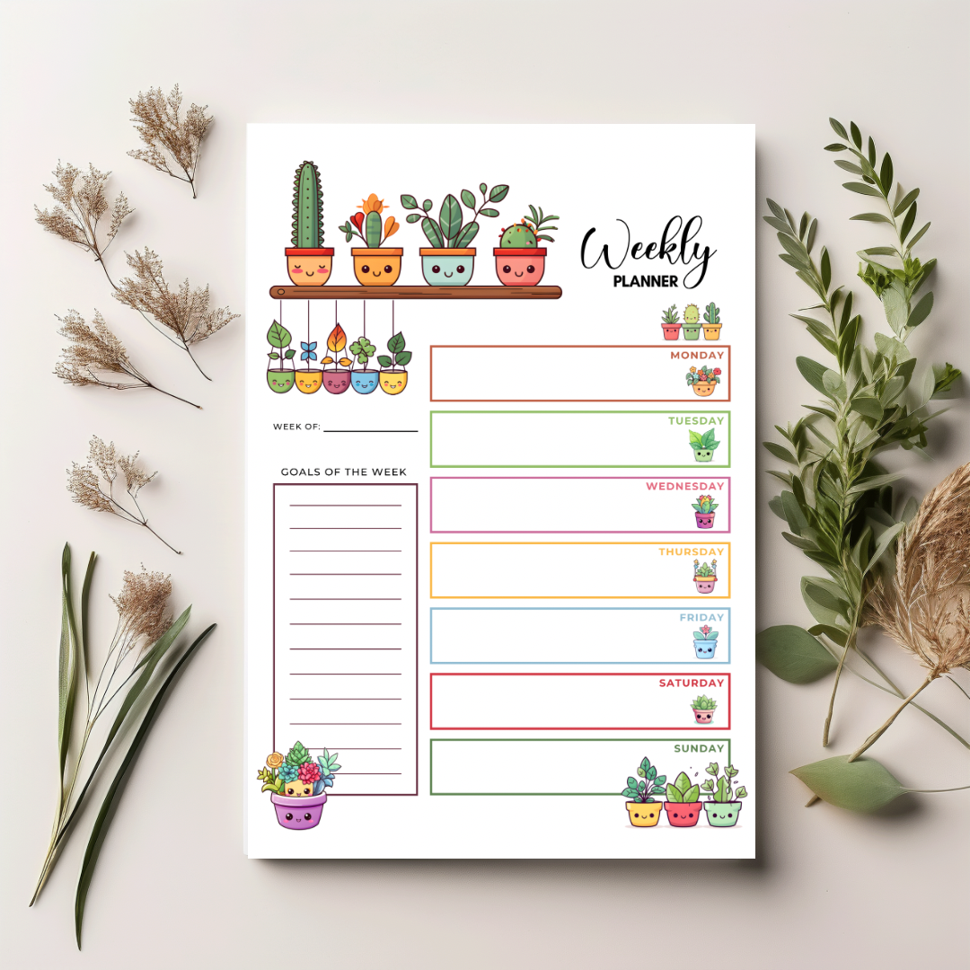 8x5 cute plant clipart weekly Planner 52 pages. Eco Friendly