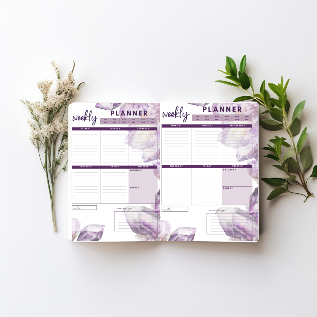 A5 Amethyst Crystal Weekly Planner. 52 pages. Eco Friendly